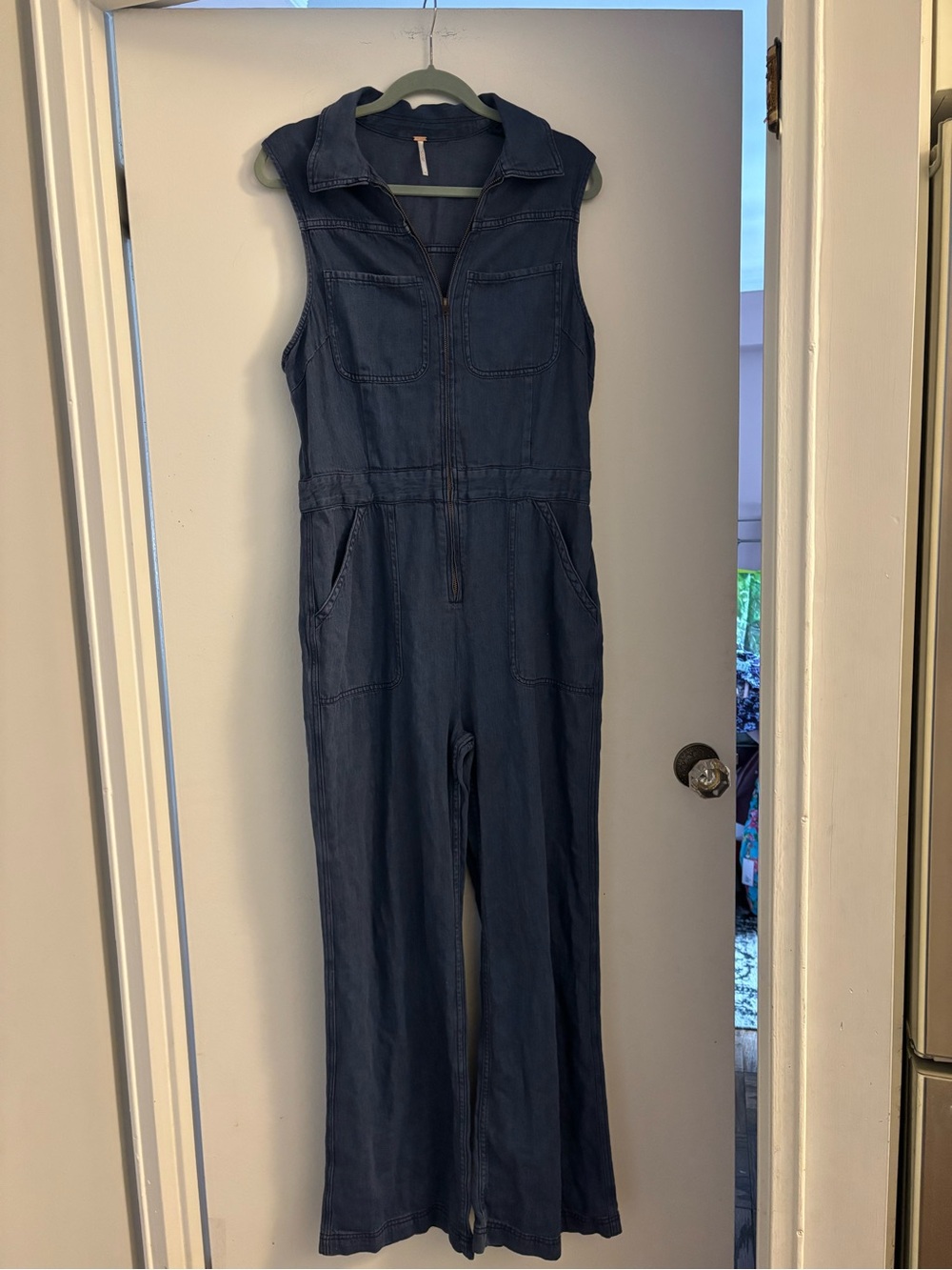 Free People Sleeveless Denim Jumpsuit - Indigo Blue wide leg